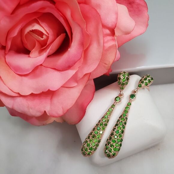 18K Gold Vermeil Russian Chrome Diopiside Pave Drop Earrings - Picture 5 of 10